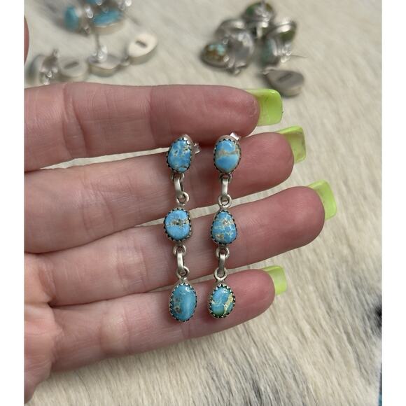 Southwest Jewelry - Native American Sterling Silver Blue Ridge Turquoise Triple Dangle Post Earrings